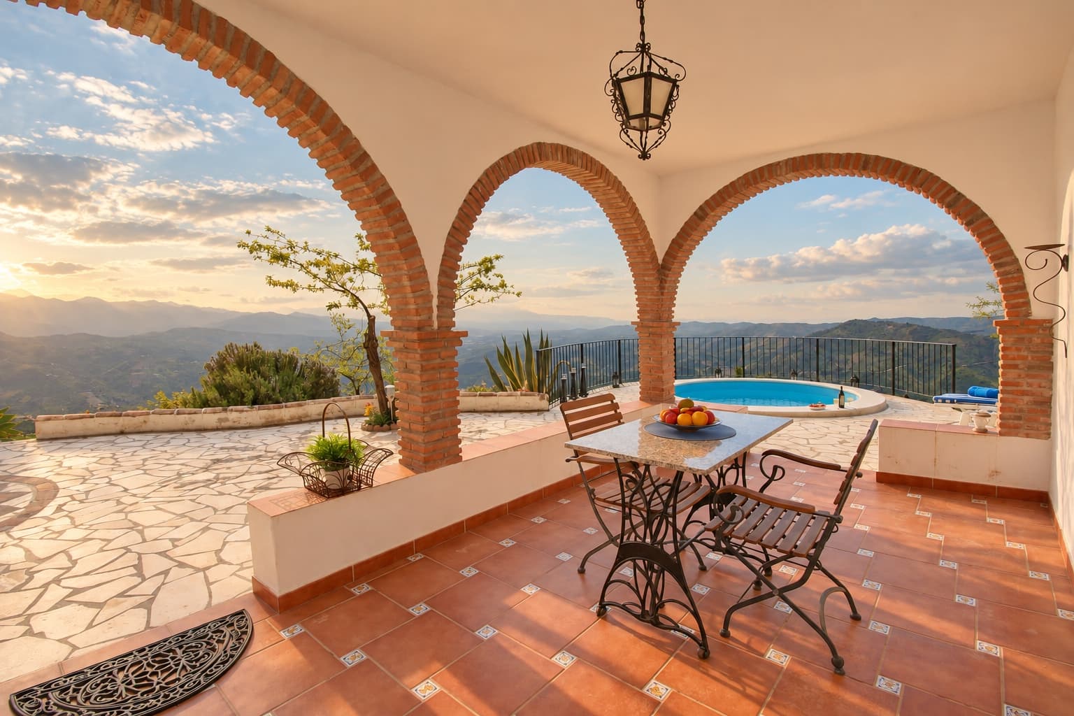 The covered terrace, looking through the arches to the pool.