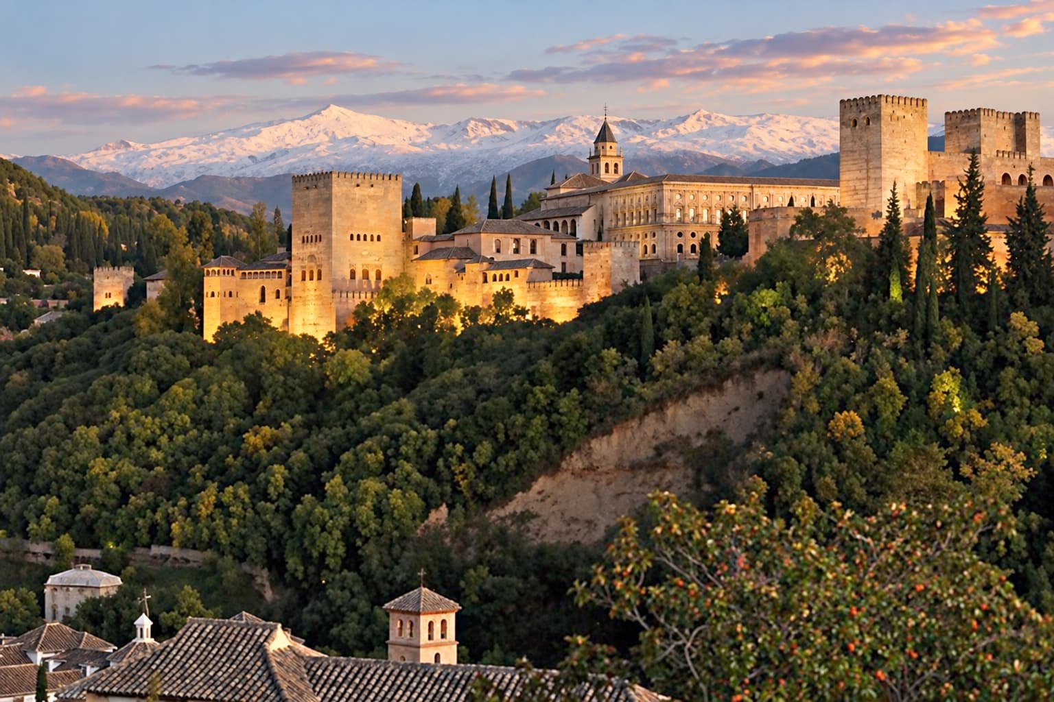 The Alhambra in Granada, with the Sierra Nevada behind.